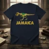 Jamaica Dinosaur T-Shirt with T-Rex skeleton filled with Jamaican flag and text "JAMAICA"