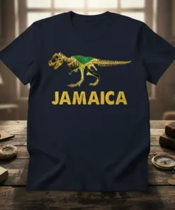Jamaica Dinosaur T-Shirt with T-Rex skeleton filled with Jamaican flag and text "JAMAICA"