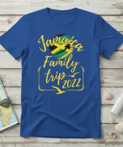 Royal blue t-shirt with "Jamaica Family Trip 2022" in yellow script and the Jamaican flag graphic