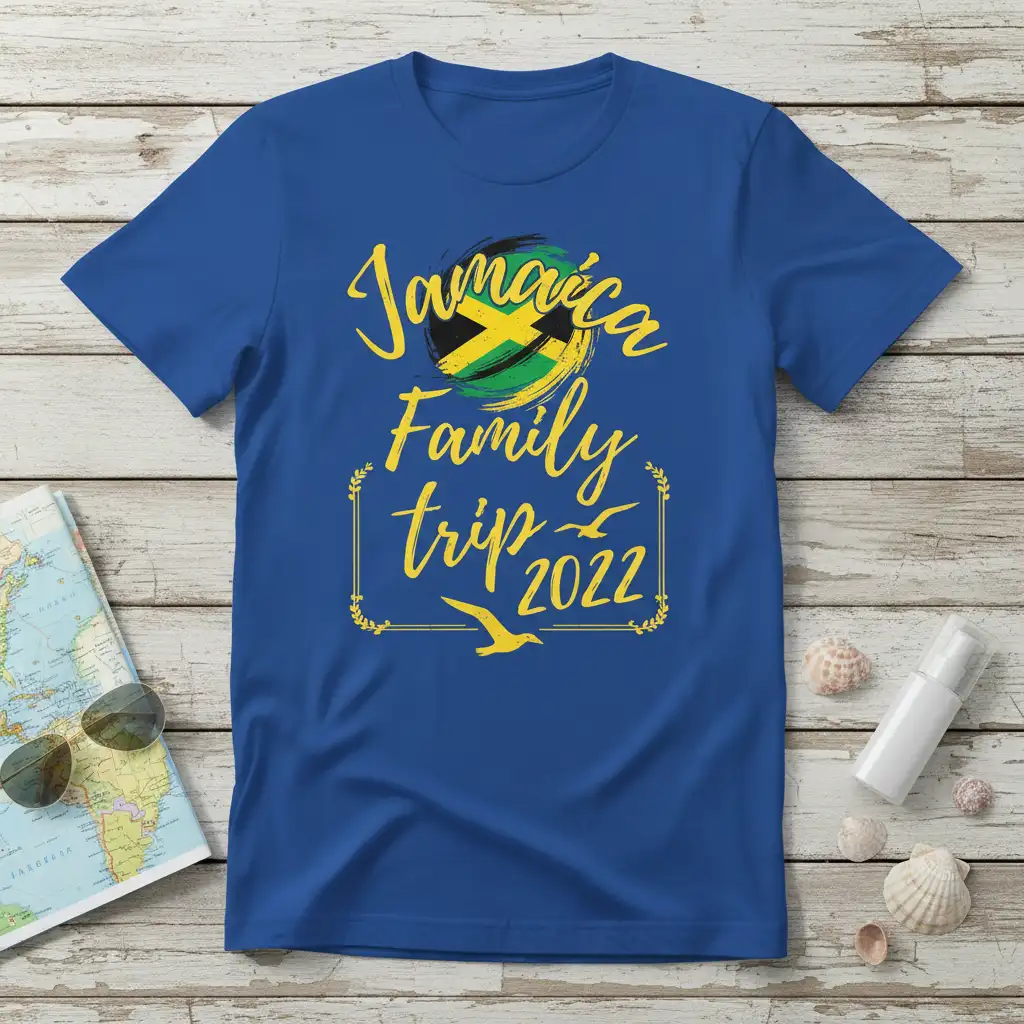 Jamaica Family Trip 2022 text with Jamaican flag on blue t-shirt design