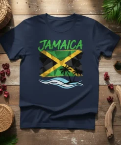 Jamaica Flag Tropical Vibes T-Shirt design with green text "JAMAICA" above a distressed Jamaican flag, palm trees, and waves