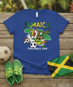 Jamaica Football Fan t-shirt design featuring a unicorn with the Jamaican flag colors, map of Jamaica, and a soccer ball