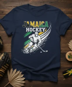Jamaica Hockey t-shirt design featuring a hockey player in action with Jamaican flag colors