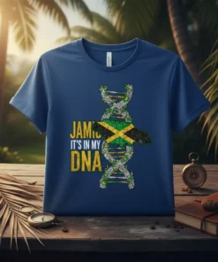 Jamaica It's In My DNA t-shirt with Jamaican flag map in DNA helix graphic
