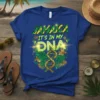 Jamaica It's In My DNA t-shirt design featuring bold text and a DNA helix graphic with tropical leaves and hummingbirds