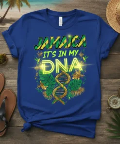 Jamaica It's In My DNA t-shirt design featuring bold text and a DNA helix graphic with tropical leaves and hummingbirds