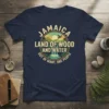 Jamaica Land of Wood and Water Out of Many One People t-shirt design with tropical landscape and waterfall