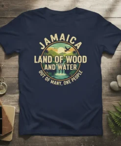 Jamaica Land of Wood and Water Out of Many One People t-shirt design with tropical landscape and waterfall