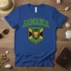 Jamaica Lion Crest t-shirt design with distressed Jamaican flag and a fierce lion symbol, featuring green and gold text