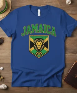 Jamaica Lion Crest t-shirt design with distressed Jamaican flag and a fierce lion symbol, featuring green and gold text