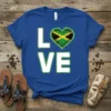 Jamaica Love Heart t-shirt design with the word LOVE and a distressed Jamaican flag heart graphic