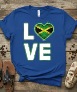 Jamaica Love Heart t-shirt design with the word LOVE and a distressed Jamaican flag heart graphic