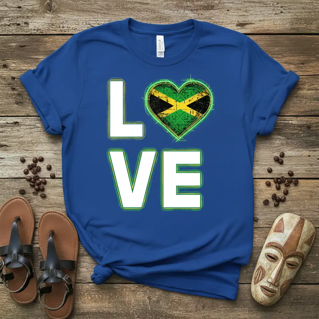 Jamaica Love Heart design with bold white letters and a distressed Jamaican flag heart graphic