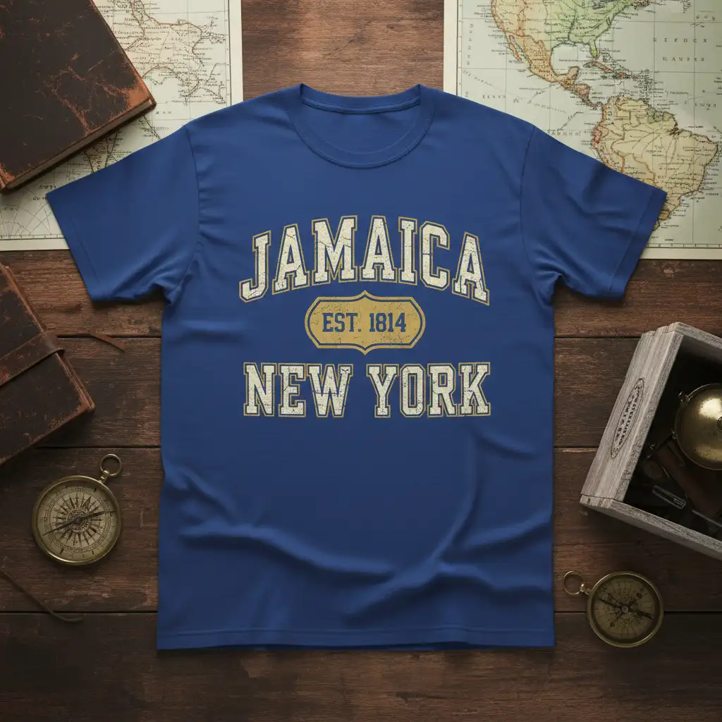 Vintage Jamaica New York Est 1814 t-shirt design with distressed collegiate lettering and oval emblem