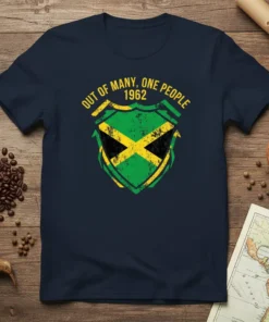 Navy t-shirt featuring the Jamaican national motto "OUT of MANY, ONE PEOPLE 1962" above a distressed Jamaican flag shield design