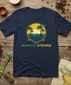 Jamaica Strong t-shirt design with tropical sunset, palm trees, ocean waves, and crossed oars graphic