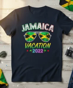 Jamaica Vacation 2022 text with sunglasses reflecting Jamaican flag and palm trees