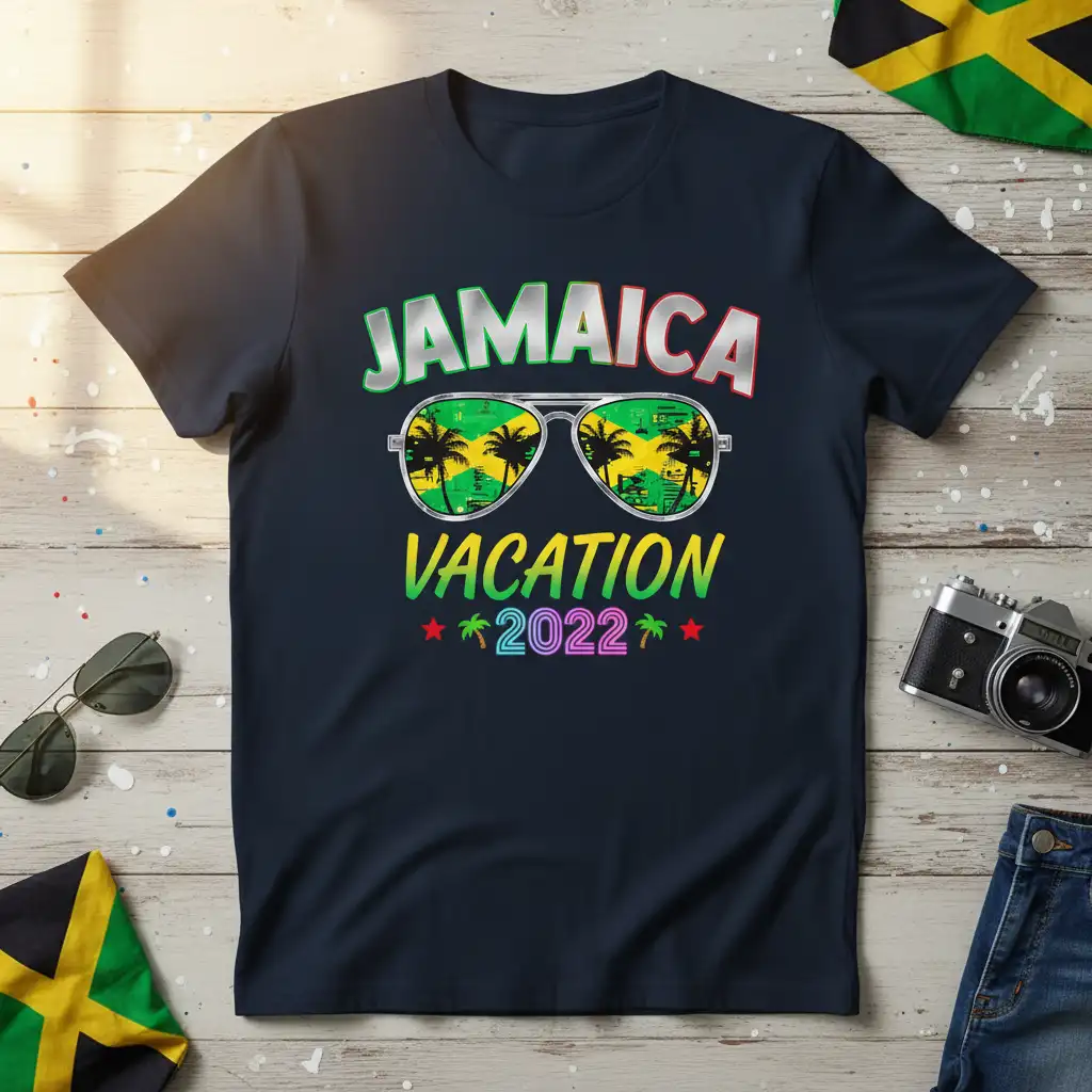 Jamaica Vacation 2022 text design with sunglasses reflecting Jamaican flag and tropical palm trees