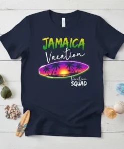 Jamaica Vacation Squad t-shirt with tropical sunset graphic and palm trees