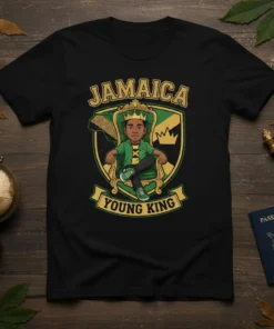 Jamaica Young King t-shirt design featuring a crowned young boy sitting on a throne, with Jamaican flag colors and crest