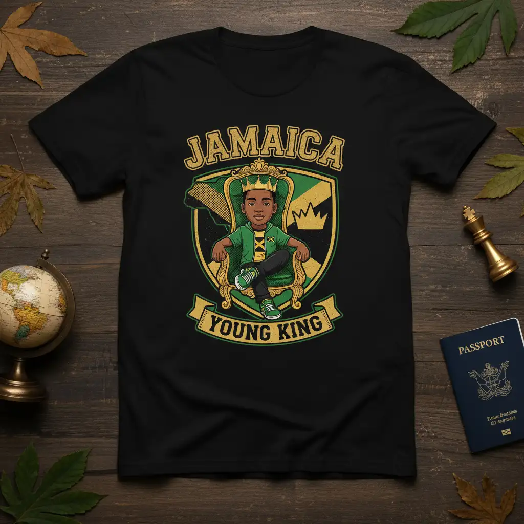 Jamaica Young King graphic tee showcasing a crowned boy on a throne, inspired by Jamaican heritage and youth empowerment