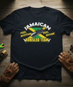 JAMAICAN FEEL RHYTHM FEEL text design featuring detailed typography on quality t-shirt