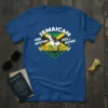 Blue t-shirt featuring "Jamaican Bobsled Team Feel Rhythm" text and a graphic of a bobsled with Jamaican flag colors