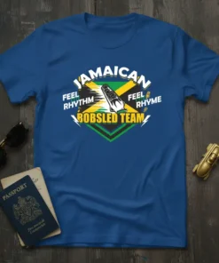 Blue t-shirt featuring "Jamaican Bobsled Team Feel Rhythm" text and a graphic of a bobsled with Jamaican flag colors