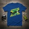 Jamaican Bobsled Team text with bobsled graphic on a blue t-shirt, featuring Jamaican flag colors