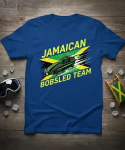 Jamaican Bobsled Team text with bobsled graphic on a blue t-shirt, featuring Jamaican flag colors
