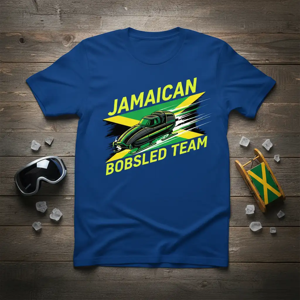 Jamaican Bobsled Team text and graphic, showcasing speed and the Jamaican flag