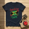 Jamaican Girl t-shirt with red, green, and yellow lips design and floral accents