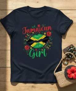 Jamaican Girl t-shirt with red, green, and yellow lips design and floral accents