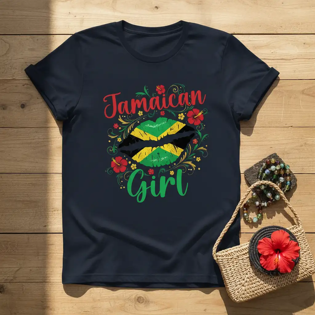 Jamaican Girl t-shirt design featuring stylized lips with the Jamaican flag colors and floral embellishments