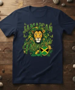 Jamaican Princess T-Shirt design with a regal lion head, lush greenery, and the Jamaican flag shield