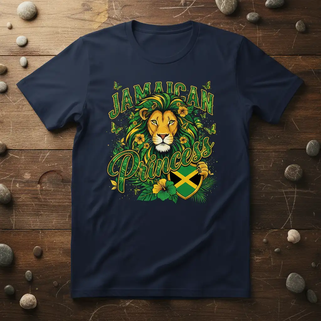 Jamaican Princess design featuring a majestic lion, Jamaican flag shield, and tropical flora