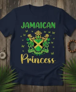 Jamaican Princess t-shirt design with the Jamaican crest, green text, and gold glitter accents, surrounded by small yellow butterflies