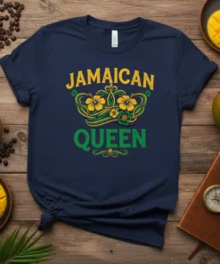 Navy t-shirt with "Jamaican Queen" text and a decorative crown with yellow hibiscus flowers