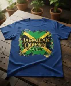 Jamaican Queen Queen t-shirt design featuring the Jamaican flag colors and ornate gold accents