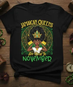 Jamaican Queens Are Born In November text with regal illustration of a queen wearing a crown on a black t-shirt