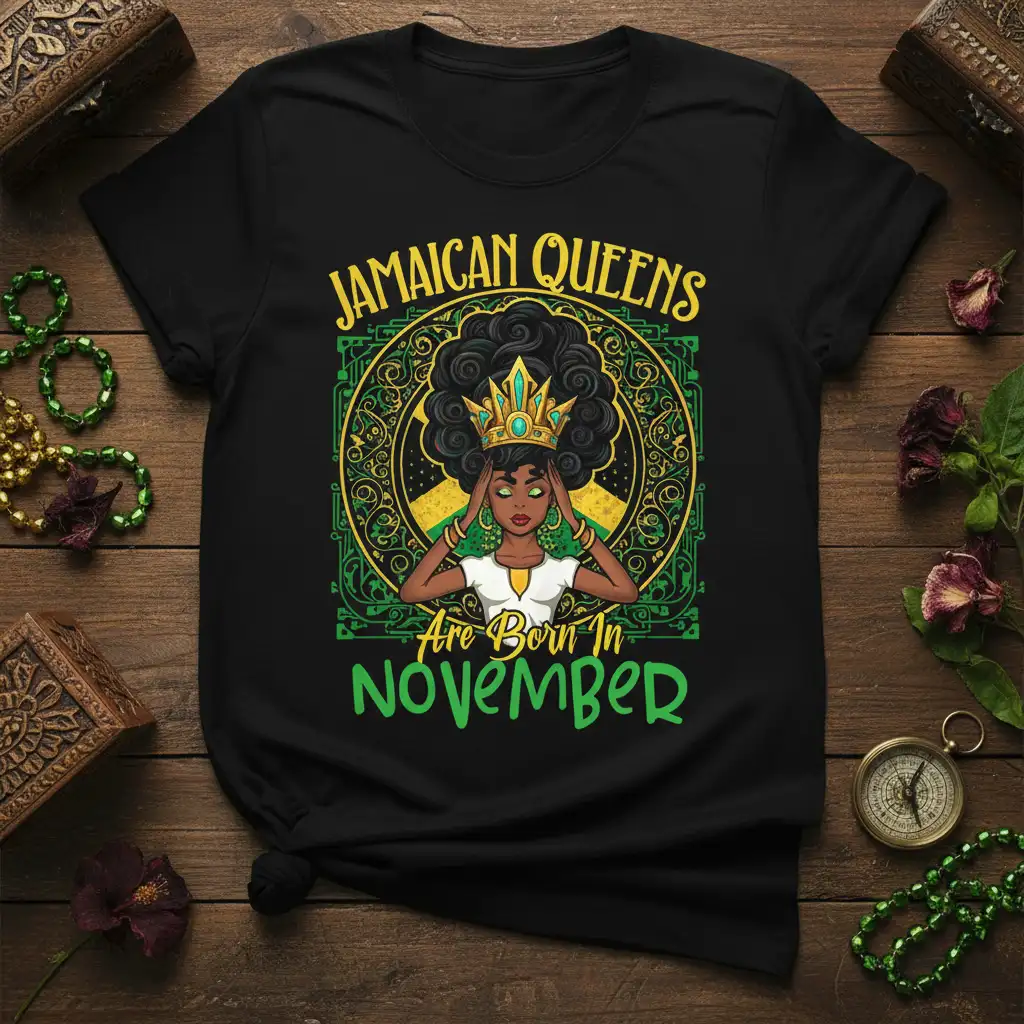 Jamaican Queens Are Born In November text with elegant illustration of a queen in a crown on a black t-shirt