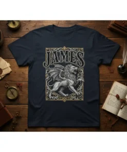 James T-Shirt with a detailed winged lion graphic in a vintage style frame, featuring the name JAMES above the creature