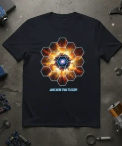 James Webb Space Telescope t-shirt featuring a hexagonal galaxy graphic and text label
