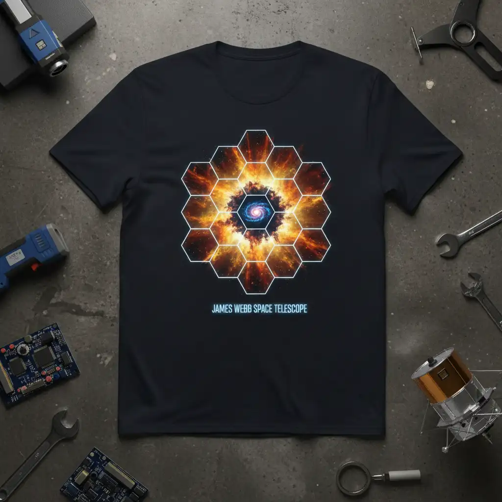 James Webb Space Telescope graphic t-shirt with hexagonal galaxy art and text