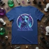 James. text below a crystal-effect cat portrait in purple and blue, framed by a circle and glowing elements