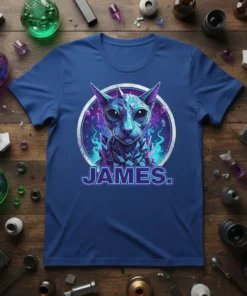 James. text below a crystal-effect cat portrait in purple and blue, framed by a circle and glowing elements