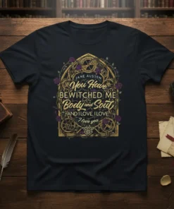 Jane Austen "You Have Bewitched Me Body and Soul" quote t-shirt with intricate gold and purple floral design