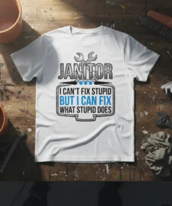 Janitor I Can't Fix Stupid But I Can Fix What Stupid Does quote on a white t-shirt with wrench graphic
