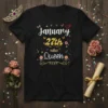 January 27th Queen birthday t-shirt design with white and gold text, crowns, butterflies, and flowers
