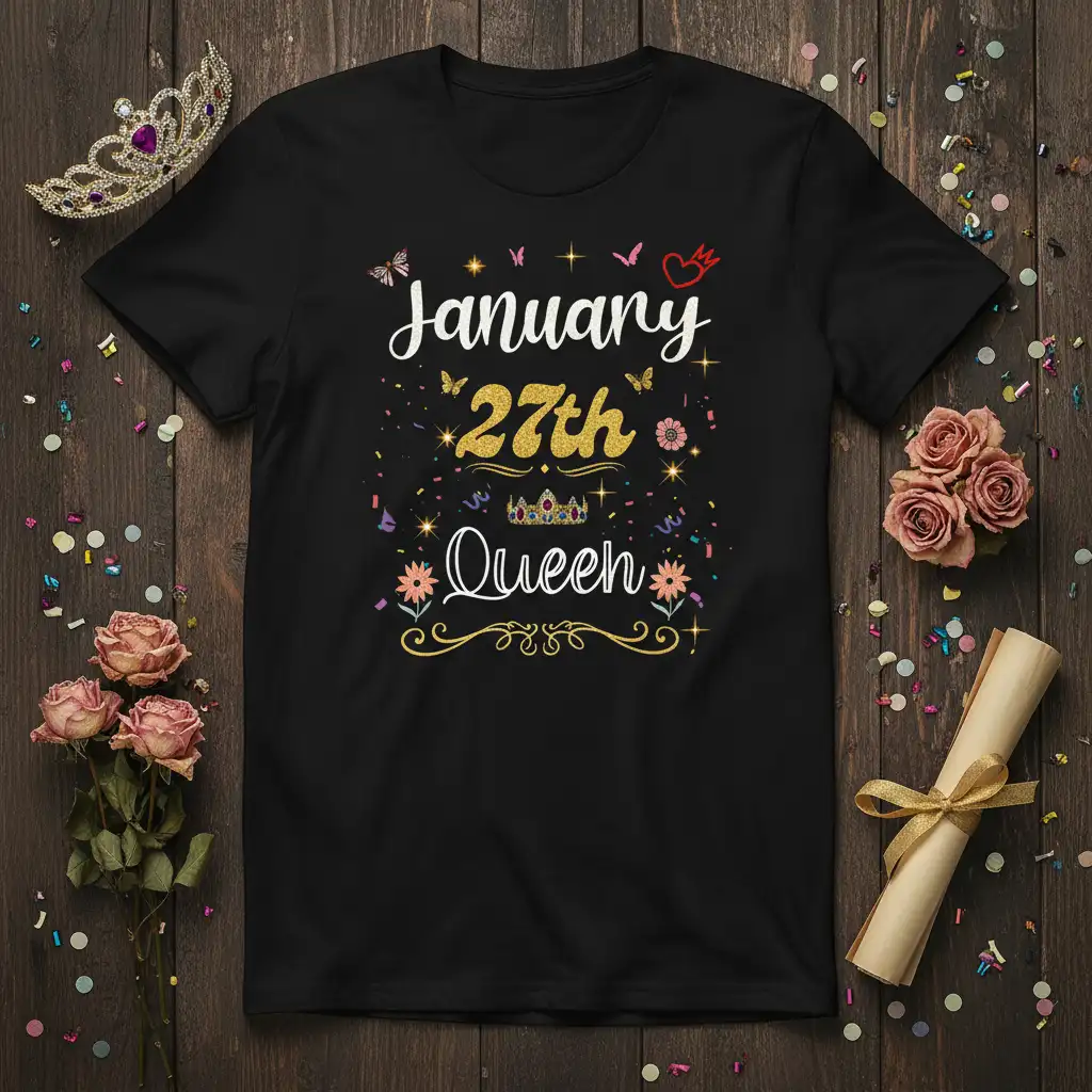 January 27th Queen birthday graphic featuring elegant script and glitter text, crowned with butterflies and flowers